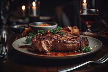 Gourmet Grilled Steak. Closeup on Beef Meat Plated to Perfection with Blur Background