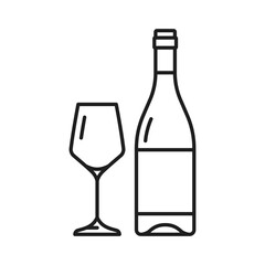 Bottle of white wine and glass isolated outline icon. Vector winery product, aged wine dry light alcohol drink in glass bottle, thin line