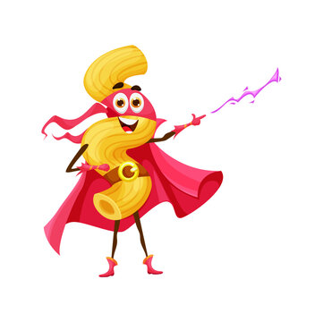 Cartoon Italian cavatappi pasta superhero character or funny guardian, vector kids mascot. Cute cheerful cavatappi or macaroni food as super hero in red cape with magic power energy blast in hand