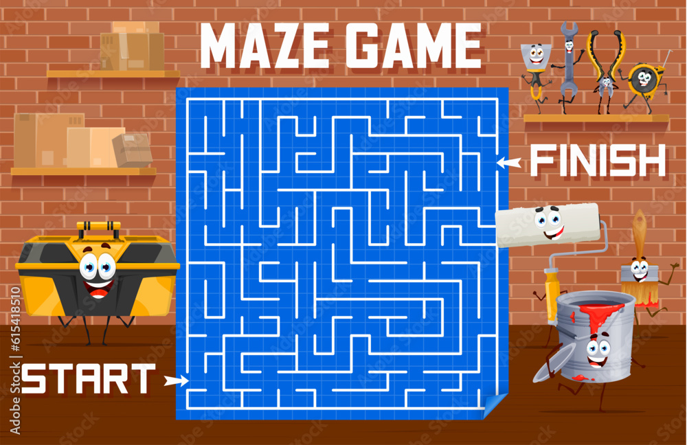 Poster labyrinth maze, help to toolbox to find cartoon repair and diy work tool characters, vector quiz gam