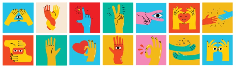 Fotobehang Groovy hippie set of colorful hands with different gestures. Hands with heart, eyes, together hands and etc. Hand drawn vector illustration. © virinaflora