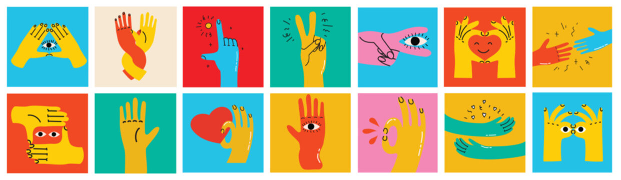 Naklejka Groovy hippie set of colorful hands with different gestures. Hands with heart, eyes, together hands and etc. Hand drawn vector illustration.