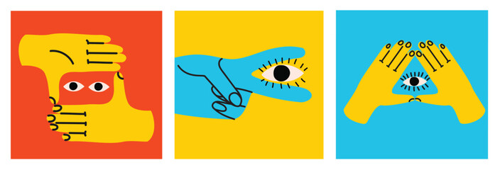 Groovy hippie set of colorful hands with different gestures. Hands with heart, eyes, together hands and etc. Hand drawn vector illustration.