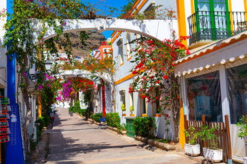 Street with colorful houses Mogan , Gran Canaria , Spain . Old town alley with blooming flowers