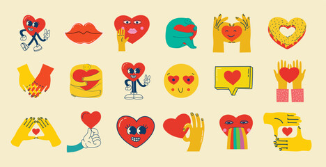 Groovy hippie love sticker set. Retro happy Valentines day. Comic happy heart character in trendy retro 60s 70s cartoon style. Retro characters and elements.