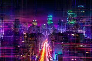 Obraz na płótnie Canvas Captivating abstract image of a microprocessor as a complex urban landscape with neon light trails, evoking emotion and curiosity for creative tech explorers. Generative AI