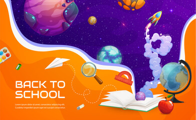 Naklejka premium Back to school paper cut poster with galaxy space planets, vector education supplies. Back to school galactic rocket shuttle in space with student book or textbook, ruler and apple in papercut
