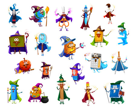 Cartoon Halloween stationery wizard, warlock, mage, sorcerer and witch characters. Vector school textbook, pen, backpack, pencil and calculator. Eraser, globe, compass, scissors and paints with apple