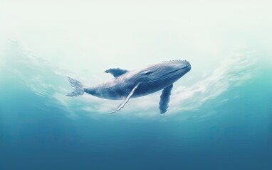 A blue whale swims in the sea.