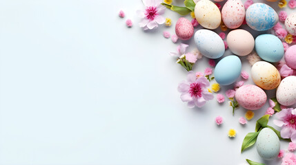 Naklejka na ściany i meble Easter eggs and flowers on light blue background created with Generative AI