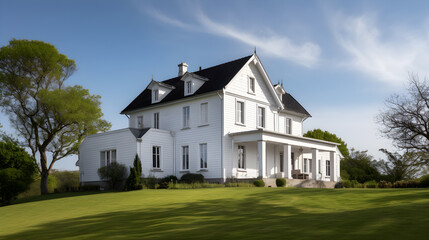 Fototapeta na wymiar Modern big house with green lawn and blue sky created with Generative AI