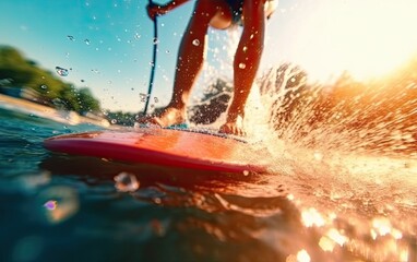 Fototapeta premium A man surfing surfboard on the sea at the sunset sky