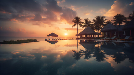 Fototapeta na wymiar beautiful resort pool with sunset on the beach created with Generative AI