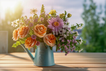 Floral bouquet in the watering can. Super photo realistic background. Generative ai illustration