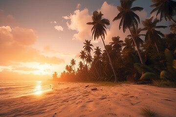 Serenity at Sunset: Beautiful Beach with Coconut Trees and Tropical Vibes, 
Beautiful beach, Coconut trees, Sunset, Serene, Tropical paradise, Beachscape, Coastal beauty, Tranquility,