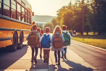 School children wearing backpacks walk towards a school bus to take them to class. Back to school - obrazy, fototapety, plakaty