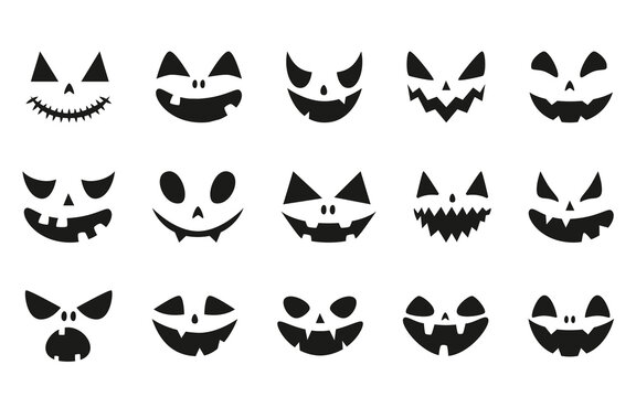 Collection of funny and scary ghost or pumpkin faces for Halloween. Vector illustration isolated on white background
