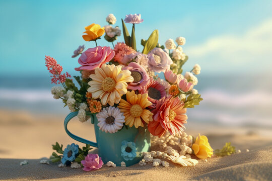 Floral bouquet in the watering can. Super photo realistic background. Generative ai illustration