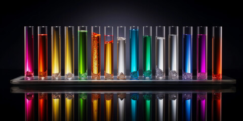 Stunning test tube image with a vibrant color spectrum on reflective surface, capturing the intricate beauty and depth of clinical research processes. Emotionally impactful! Generative AI