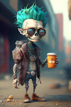 Skeleton punker character holding coffee to go cup