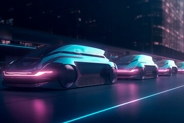 Futuristic cars in the night city, future technology concept, realistic illustration, generative ai