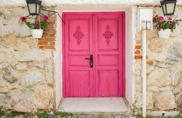 Sigacik streets, flowery colorful doors, seaside town, quiet summer holiday, flowery streets, Seferihisar, Izmir, Turkey