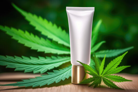 Cosmetics Cannabis Oil. Marijuana Leaf With One Cosmetic Lotion Tube Mockup. AI Generative