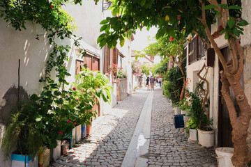 Fototapeta na wymiar Sigacik streets, seaside town, quiet summer holiday, flowery streets, Seferihisar, Izmir, Turkey