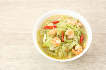 Tumis Labu Siam Udang, spicy stir fry chayote with shrimp, Indonesian traditional food
