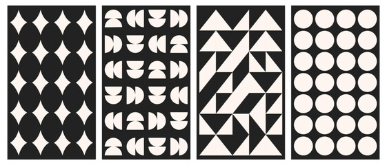 Vector set of abstract geometric backgrounds. Brutalist vertical poster. Minimal monochrome swiss design aesthetic. Bauhaus vector poster