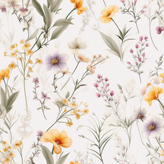Seamless pattern of soft and dreamy wildflowers on a cream background.  Generative AI