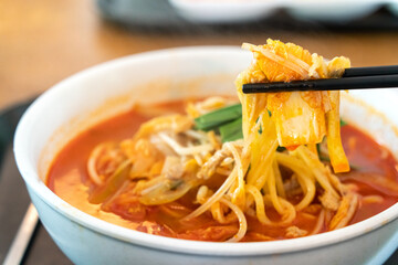 Delicious jjamppong, jjambbong, Chinese-style Korean noodle soup topped with spicy seafood and...