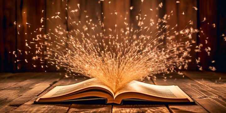 Captivating image of an open book with flying pages, ethereal light spreading on a rustic wooden table, symbolizing the surprise in knowledge and storytelling. Generative AI