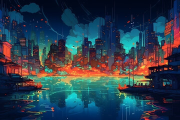 Beauty of a Waterfront Metropolis at Night. Generative AI