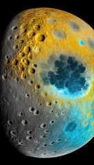 Yellow blue moon surface closeup, planet light