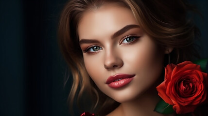 Fashion Woman with flowers. Model girl face with roses. Red Lips and Makeup. generative AI tools