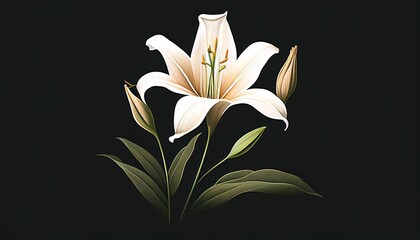 Simple minimalistic white lily flower illustration on a plain black background