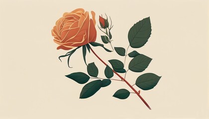Simple minimalistic orange rose flower illustration on a plain colorful background