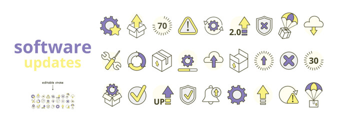 A set of icons for updating application softwarein yellow and purple. Get and unpack updates,  settings, installation, maintenance, danger icon, upgrade, download, configuration, parachute icon.