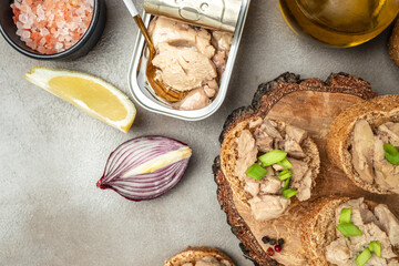 toasts with Cod Liver pate on whole grain bread. Detox and healthy superfoods concept