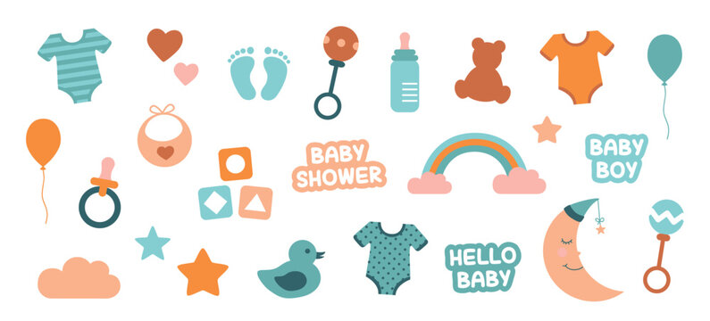 colorful set of baby utensils baby boy collection isolated on white vector illustration EPS10