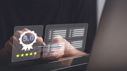 Digital checklist and customer satisfaction warranty concept. Businessman using laptop checklist rate customer satisfaction on digital document success ISO Certificated Document Management System.