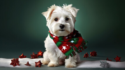 Süßer kleiner weißer Westhighland Terrier Hund trägt einen weihnachtlichen gestrickten Schal vor einem dunkelgrünen Hintergrund - AI generated - obrazy, fototapety, plakaty