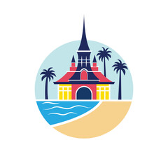 Cartoon castle on beach vector illustration. Fun logo concept with palms and sea. Flat icon design.