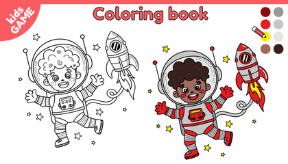 Page of coloring book for kids. Color cartoon astronaut boy afro american with spaceship in space. Outline spaceman dark skinned in cosmos. Educational activity for children. Isolated vector design. © Alyona-Simona