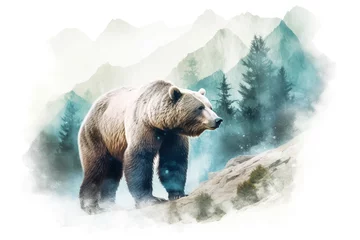 Fototapeten Captivating grizzly bear in serene, double exposure style with mountain landscape  striking cold tones evoke emotions and harmonious balance with nature. Generative AI © XaMaps