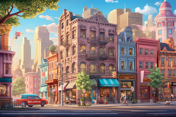 Obraz premium cityscape, street, houses and cars in the style of illustrations