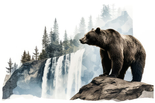 Stunning grizzly bear in serene mountain landscape, featuring a mesmerizing waterfall, double exposure style and cold tones - evoking natural harmony. Generative AI