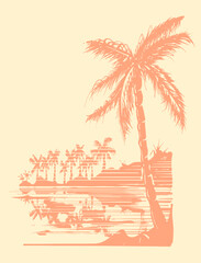a captivating hand drawn illustration of 80s beach scene with swaying palms, the serene sea, and a breathtaking sunset beach