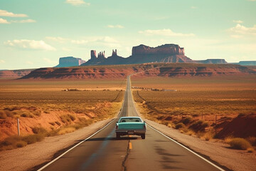 American desert road in wild west with vintage car - obrazy, fototapety, plakaty